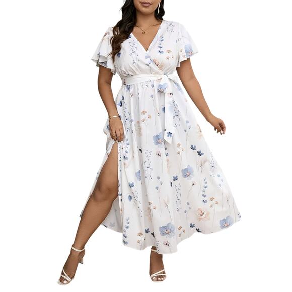 Floral Midi Plus-Size Dress V-Neck Belted Waist White Blue Spring Size 20 - Picture 2 of 7